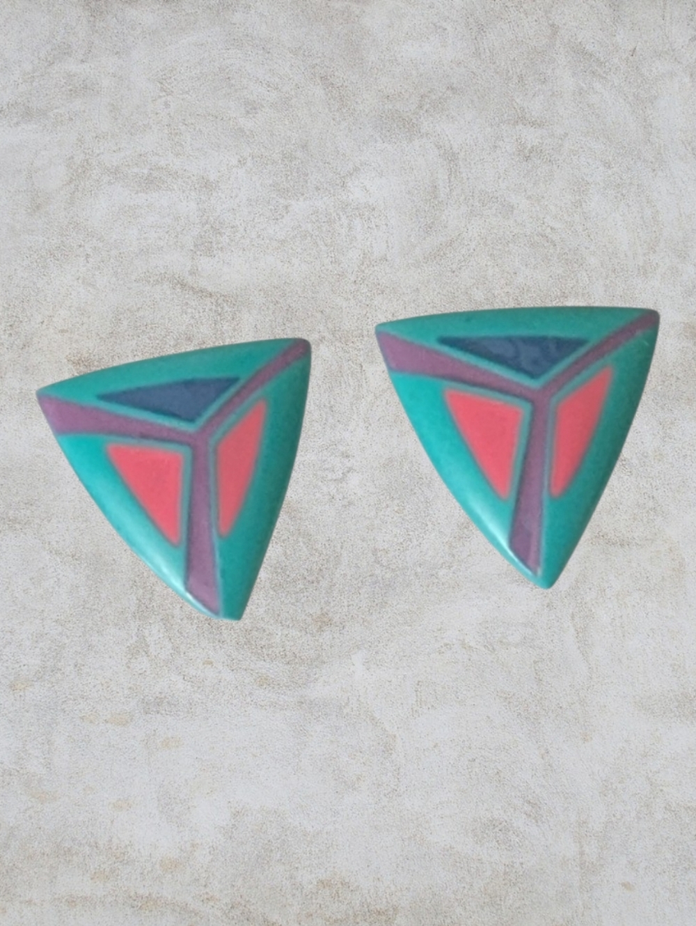 Vintage 1980s Geometric Turquoise and Pink Earrings Pierced